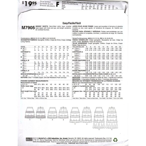 McCall's M7905 Misses 6 to 14 Mini and Maxi Tiered Skirts Uncut Sewing Pattern - Picture 2 of 2